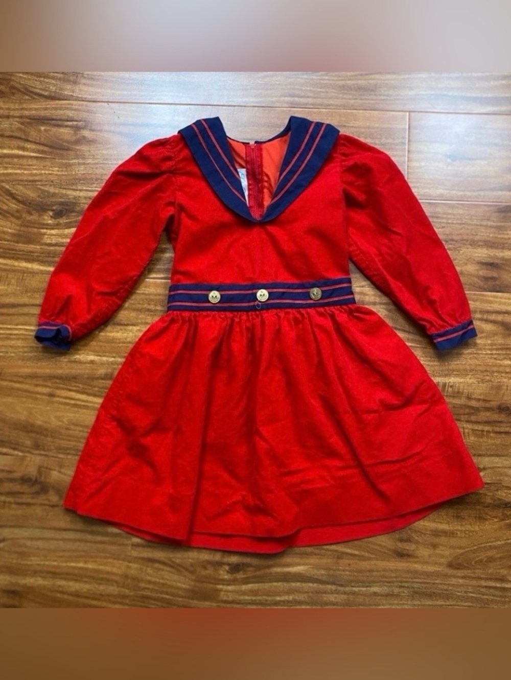 Vintage Sylvia Whyte Girls Red Navy Collared Long Sleeve Corduroy Dress Size 5